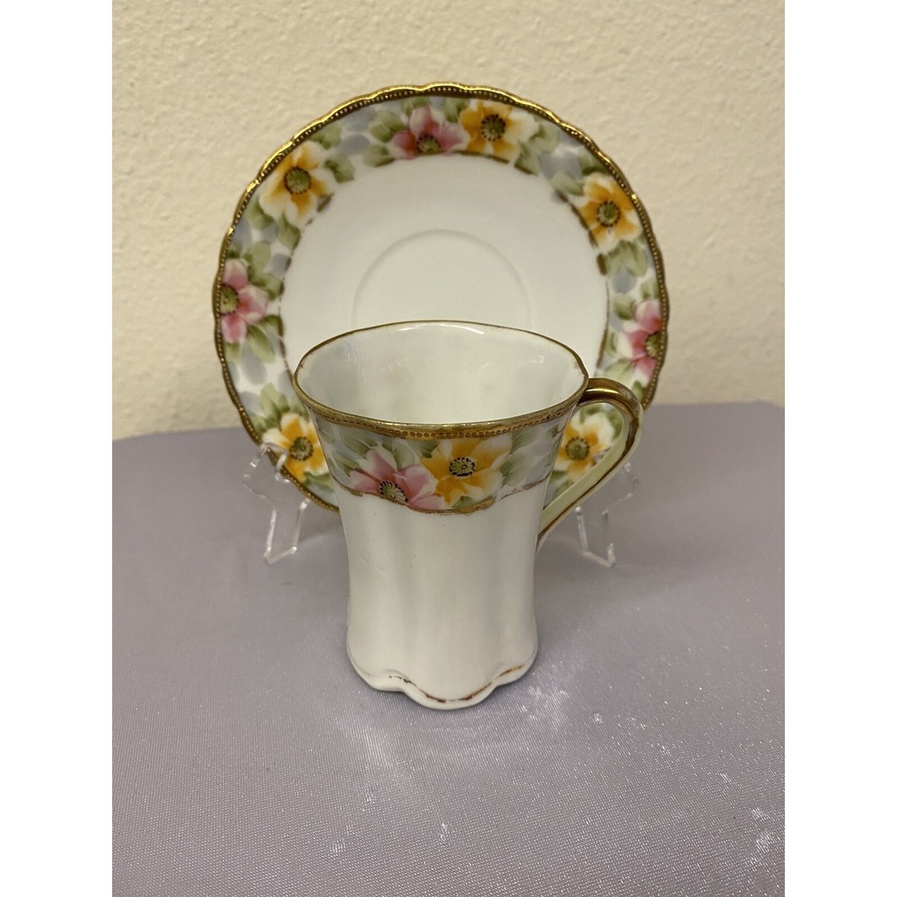 Nippon Vintage Hand painted TEA CUP & SAUCER  Set  Colors/ Gold Tall Cup 4 Oz